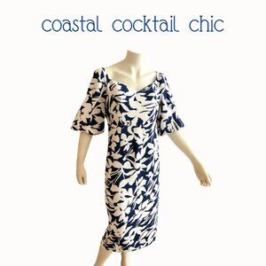 Shein x Farah Blue & White Puff Sleeve Midi Dress | Abstract Floral | Size L